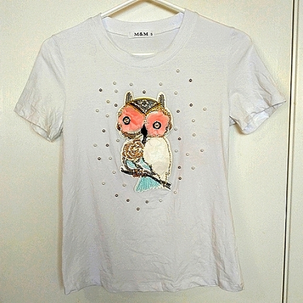 M&M Beaded Embroided OWL SS Tee Shirt S